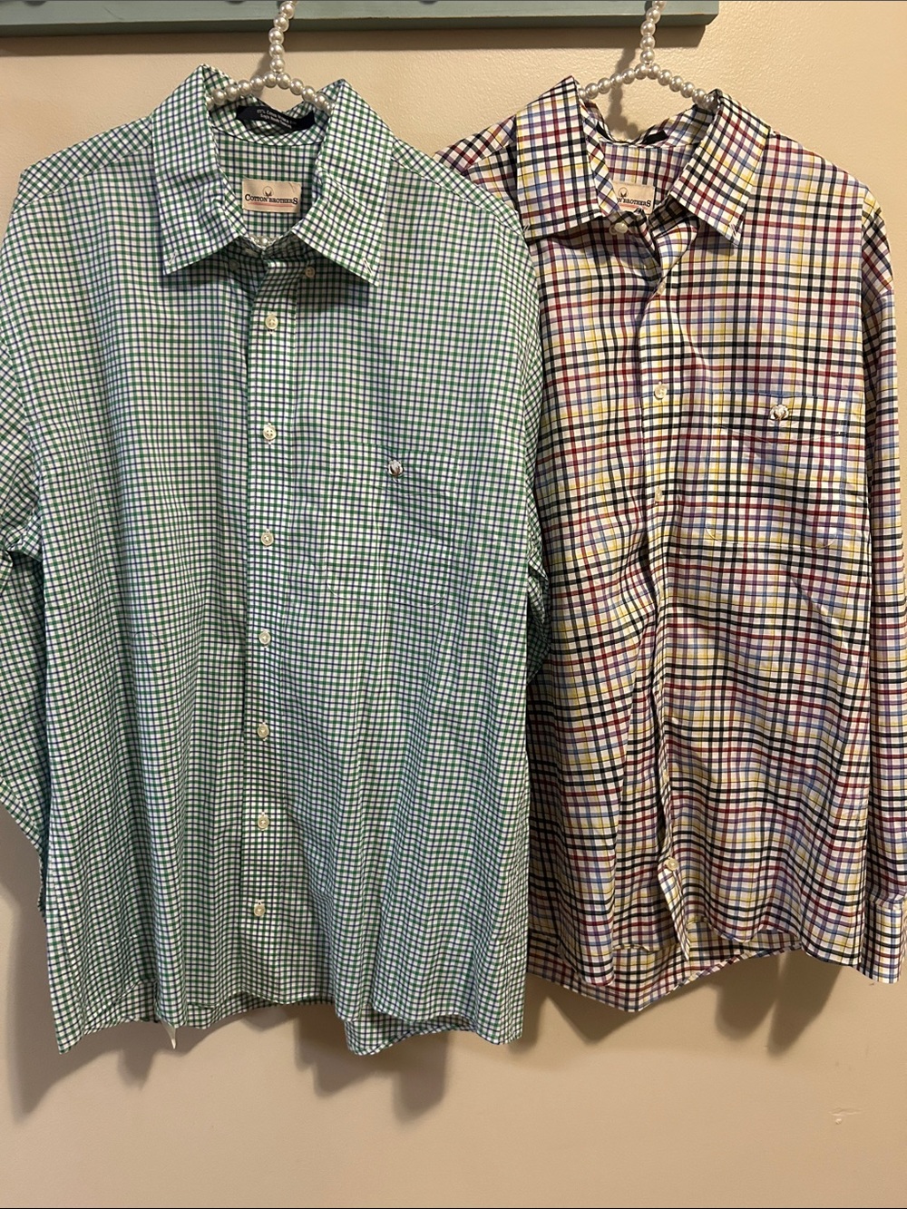 Lot of 2 Cotton Brothers Men Large Wrinkle Free Plaid Button Down Dress Shirts